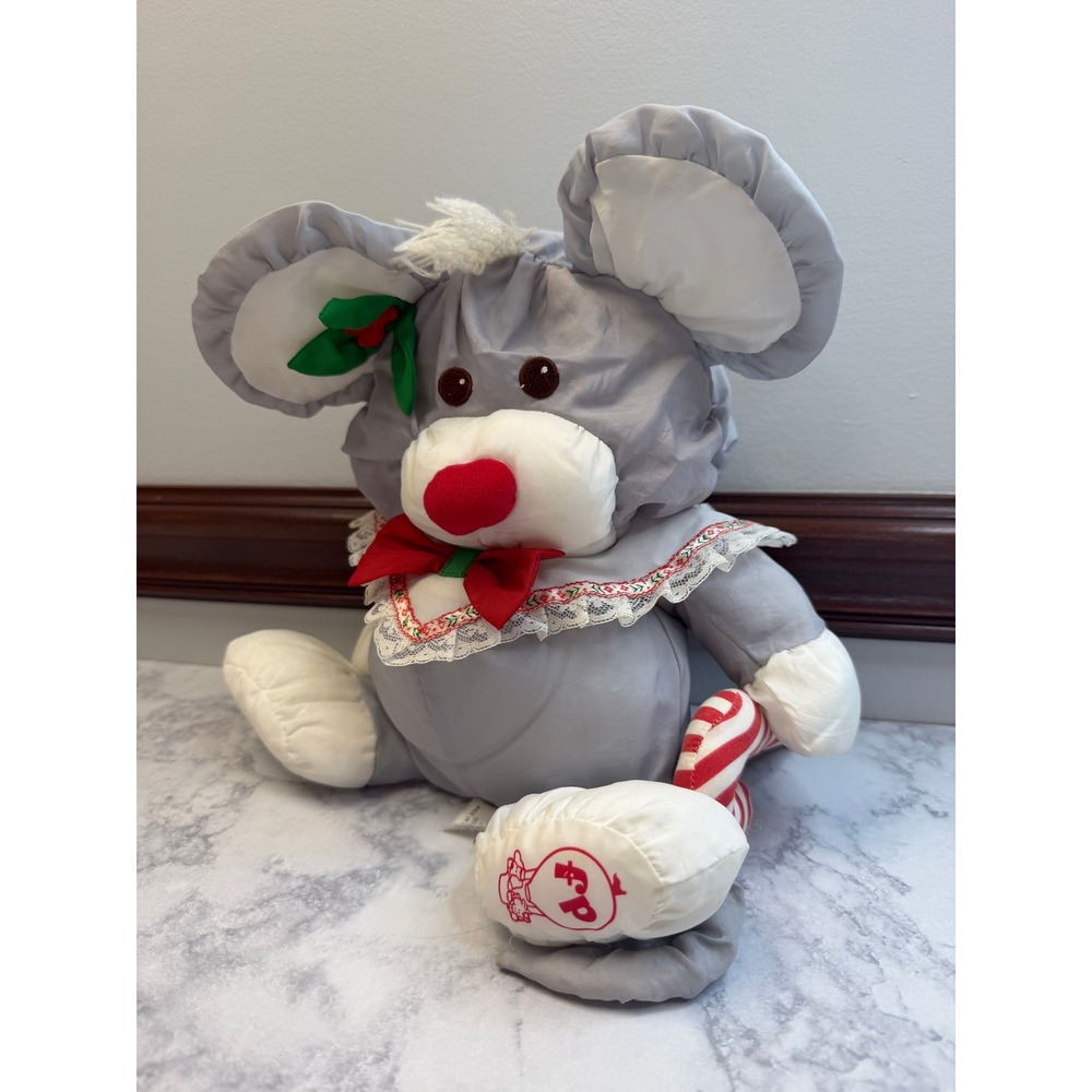 Vintage 1987 Fisher Price Christmas Mouse Plush Candy Cane 8016 Gray Red White - Picture 2 of 14